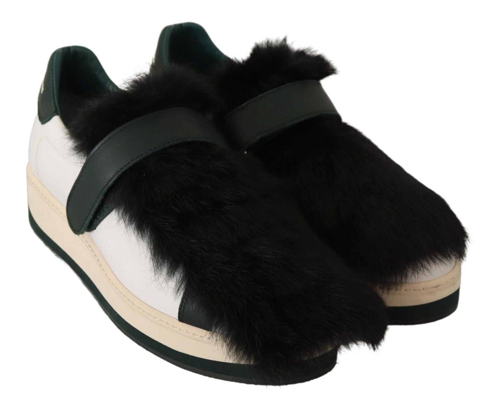 MANUEL BARCELO White Leather Black Fur Low Top Sneakers Shoes - Fizigo