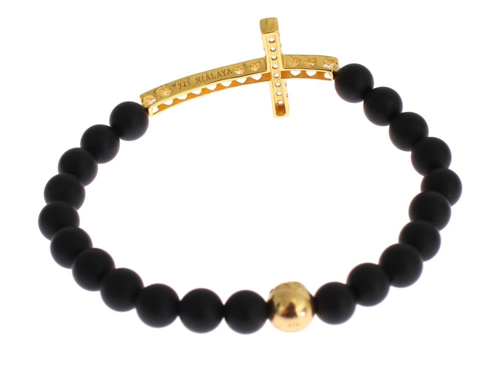 Nialaya Matte Onyx Stone Gold CZ Cross 925 Silver Bracelet - Fizigo
