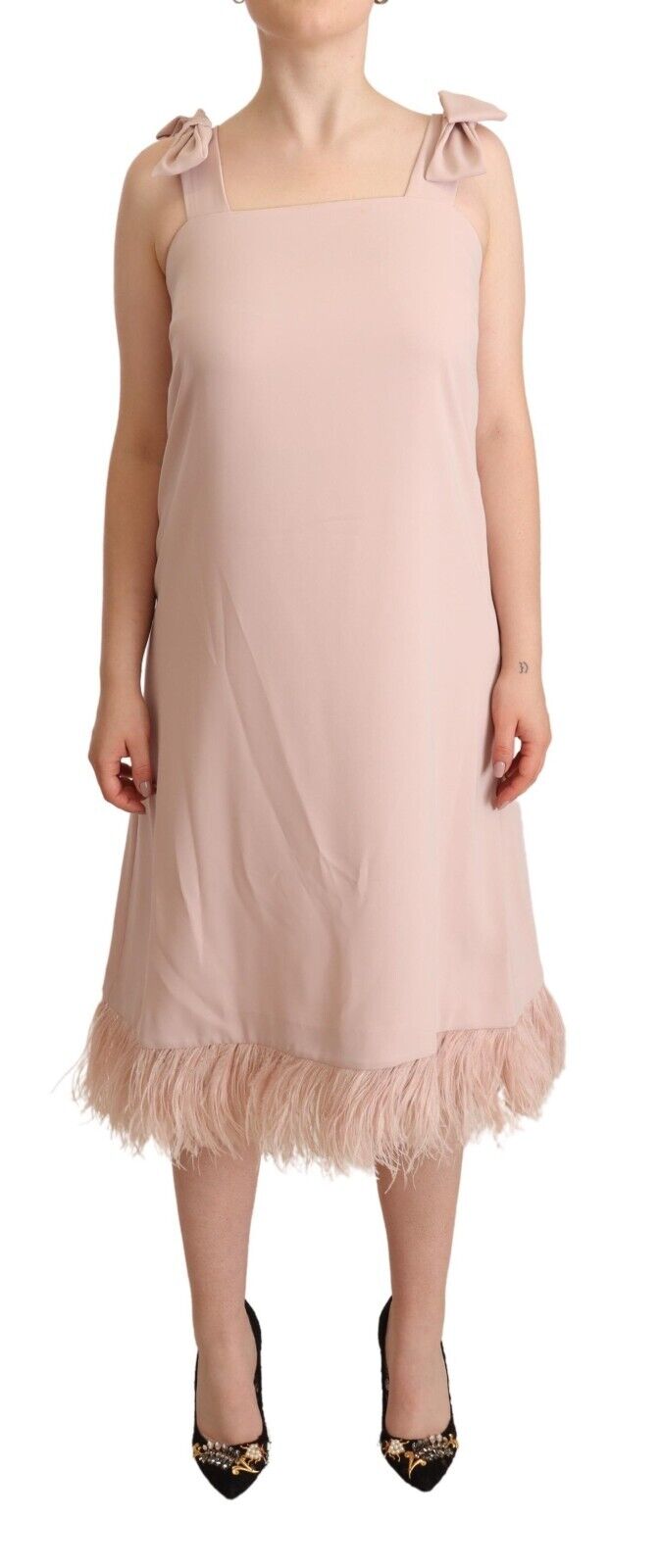 P.A.R.O.S.H. Pink Polyester Sleeveless Midi Feather Shift Dress - Fizigo