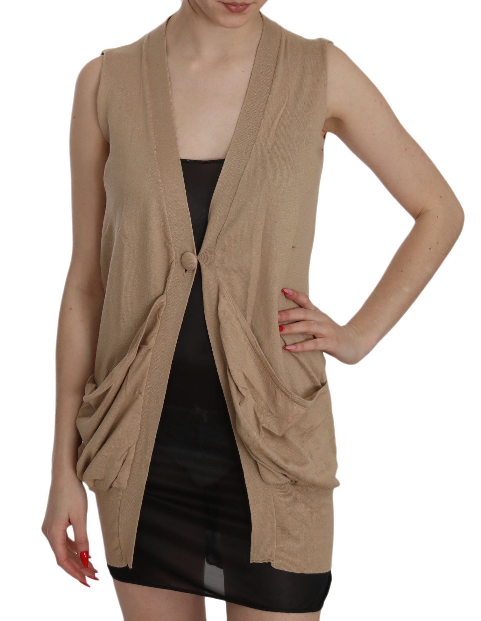 PINK MEMORIES Brown 100% Cotton Sleeveless Cardigan Top Vest - Fizigo